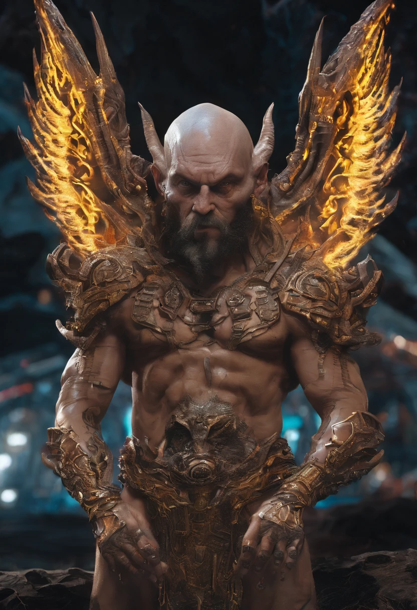 Pale skin dwarf, masculino, barbas negrasb e com trancas, , olhos amarelos, cabelos longos, dragon horns, hyper realistic, 4k, master part, Beautiful, de frente para o espectador, tiro de corpo inteiro, ((pele bronzeada)), mamas expostas, cintura exposta, Fire tattoo on the stomach below the navel, dragon tail, dragon wings