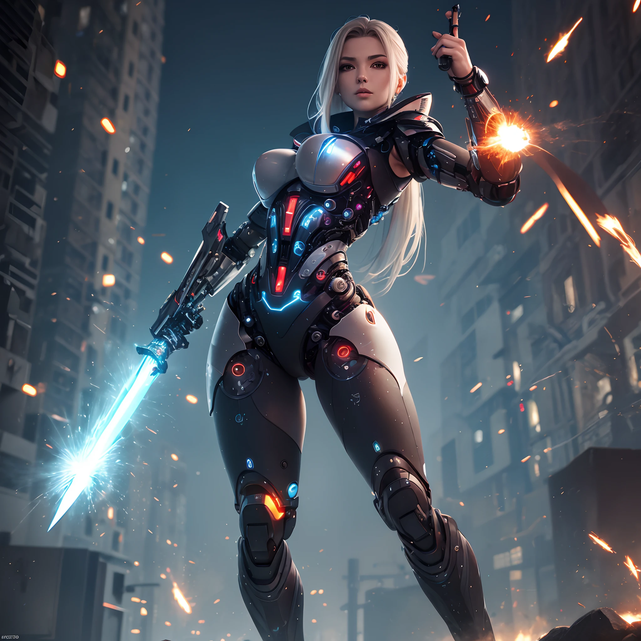 Curvy female cybernetic ninja holding a plasma sword, robotic body armor, dynamic lighting, sparks flying in the background, highest detail possible, 8k