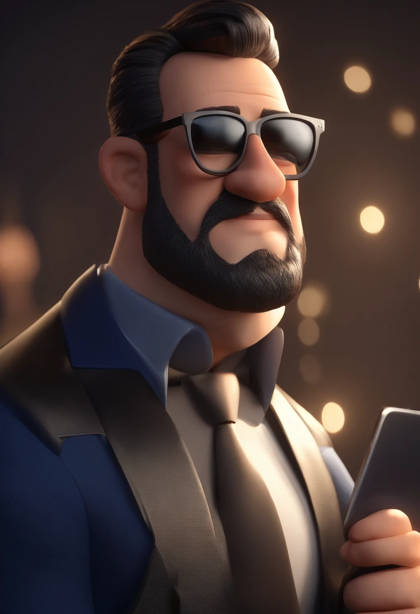 Cartoon character of a man with black glasses, forte, cabelo grisalho partido de lado, com 1.60 de altura e uma camisa azul, animation character, Caractere estilizado, animation style rendering, 3D estilizado, Arnold Maya render, 3 d render stylized, toon render keyshot, Personagem 3D, Personagem 3D, 3d rendering stylized, 3 d character render, personagem de desenho animado, Personagem de close up, Pose de personagem,  (Estilo Pixar) (master part:1.2) (Bokeh) (best quality) (pele detalhada) (textura detalhada) (8k) (argila) (Cinematic lighting) (foco nítido