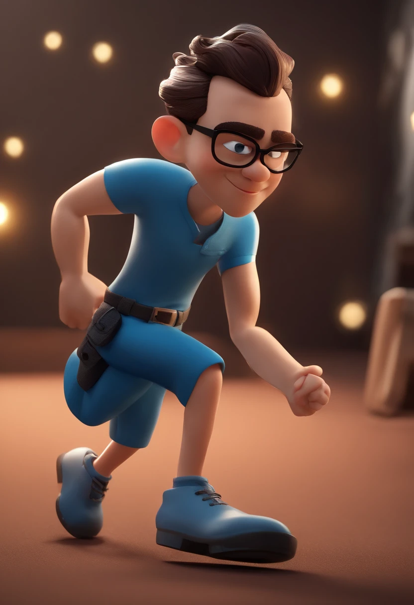 Cartoon character of a man with black glasses, forte, cabelo grisalho partido de lado, com 1.60 de altura e uma camisa azul, animation character, Caractere estilizado, animation style rendering, 3D estilizado, Arnold Maya render, 3 d render stylized, toon render keyshot, Personagem 3D, Personagem 3D, 3d rendering stylized, 3 d character render, personagem de desenho animado, Personagem de close up, Pose de personagem, (Estilo Pixar) (master part:1.2) (Bokeh) (best quality) (pele detalhada) (textura detalhada) (8k) (argila) (Cinematic lighting) (foco nítido