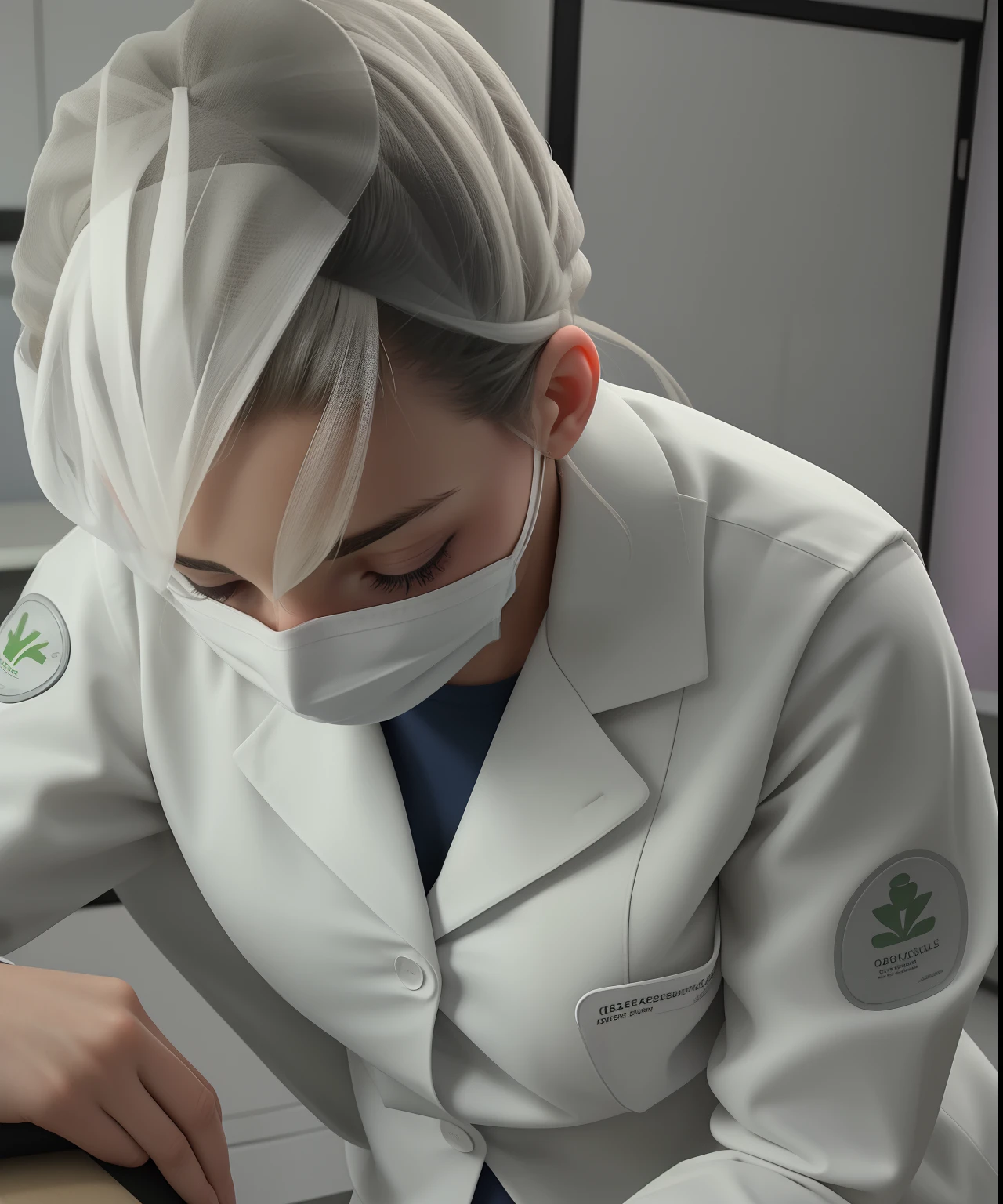 Woman, 35 years old, physiotherapist in a lab coat, head down in attendance