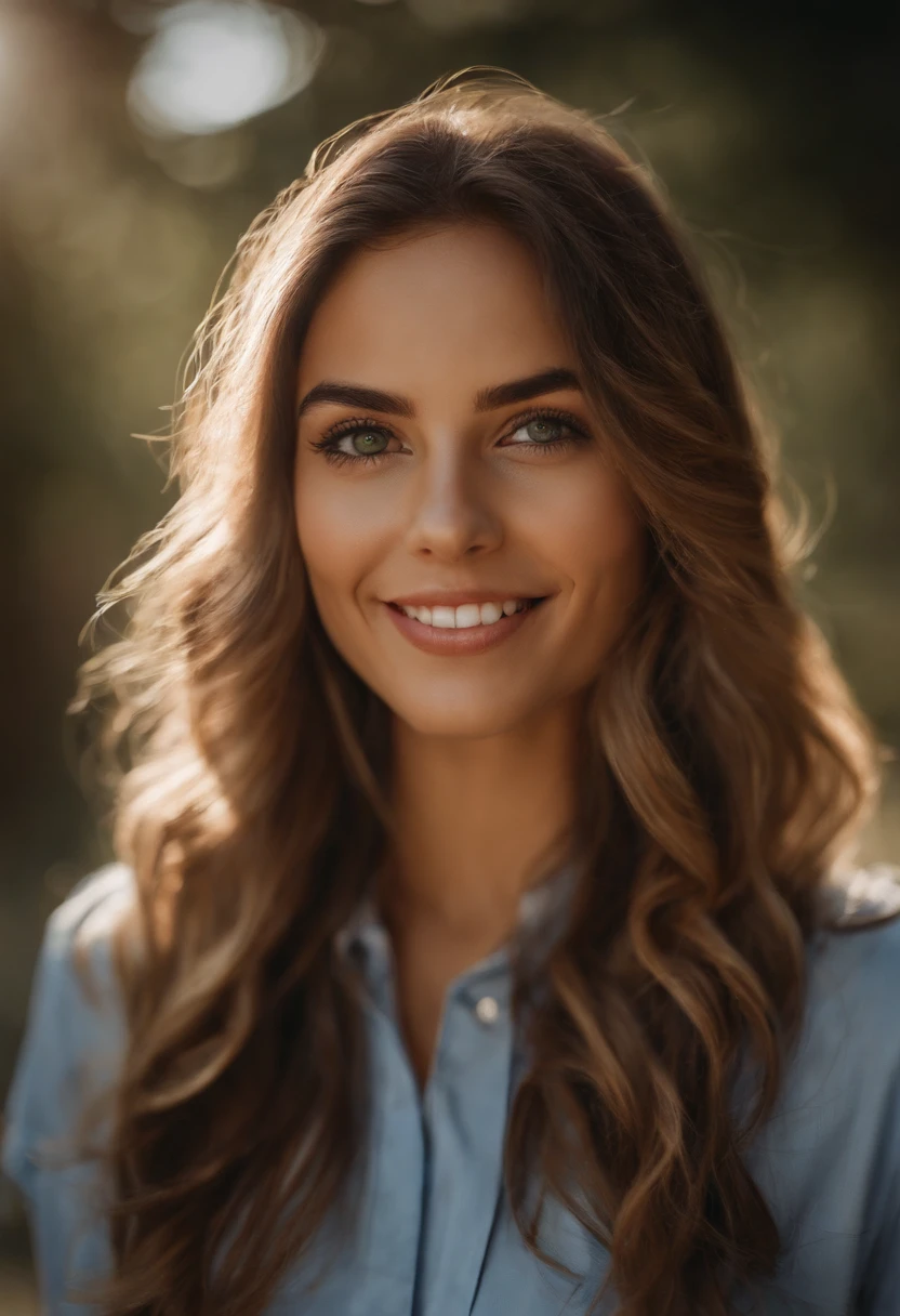Obra maestra, realista, ojos detallados, Beautiful, Mirando al espectador, natural lighting, Profundidad de campo, Film grain, 24yo, hembra, joven, solamente, Cabello muy rubio largo y ondulado, ojos azules, Blanco, Camisa formal, They are smiling. , labios, Parte superior del cuerpo, retrato, primer plano, Front view, exterior, entorno enfocado.