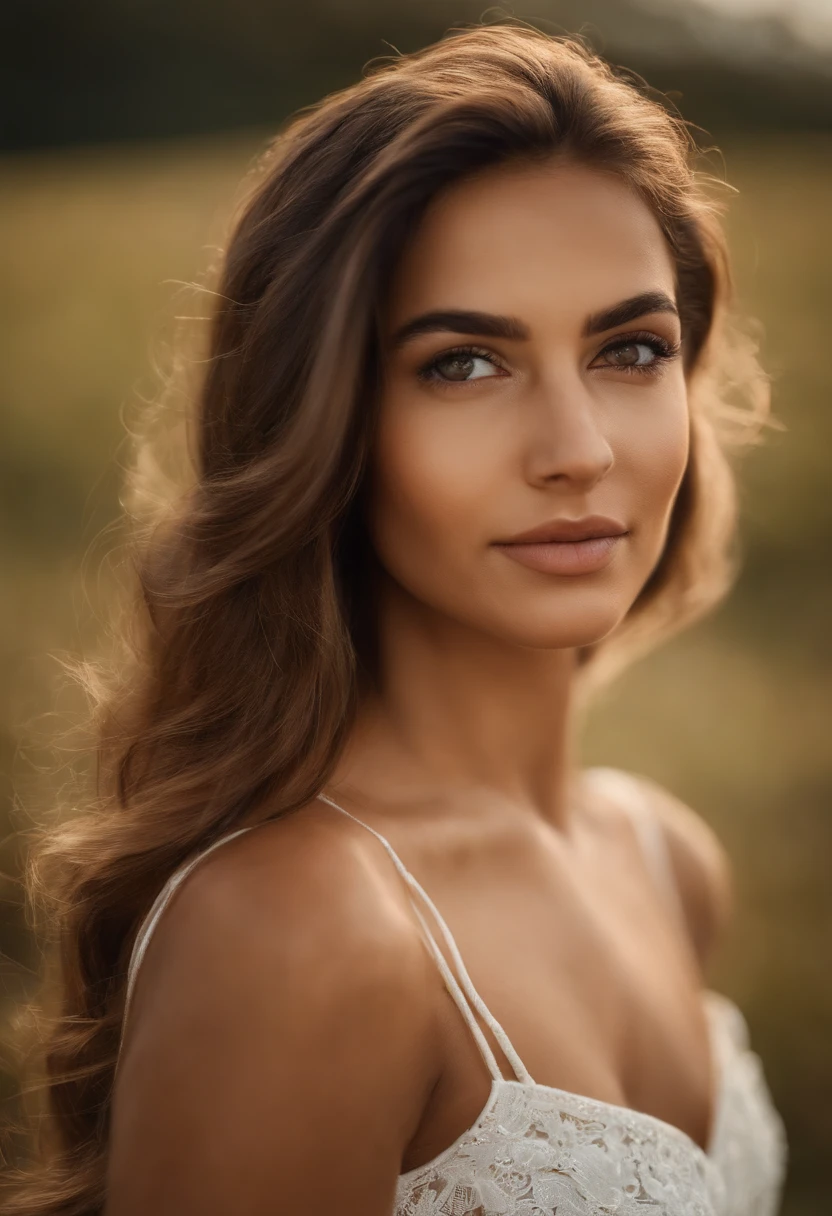 Obra maestra, realista, ojos detallados, Beautiful, Mirando al espectador, natural  lighting, Profundidad de campo, Film grain, 24yo, hembra, joven, solamente, Cabello muy rubio largo y ondulado, ojos azules, Blanco, Camisa formal, They are smiling. , labios, Parte superior del cuerpo, retrato, primer plano, Front view, exterior, entorno enfocado.