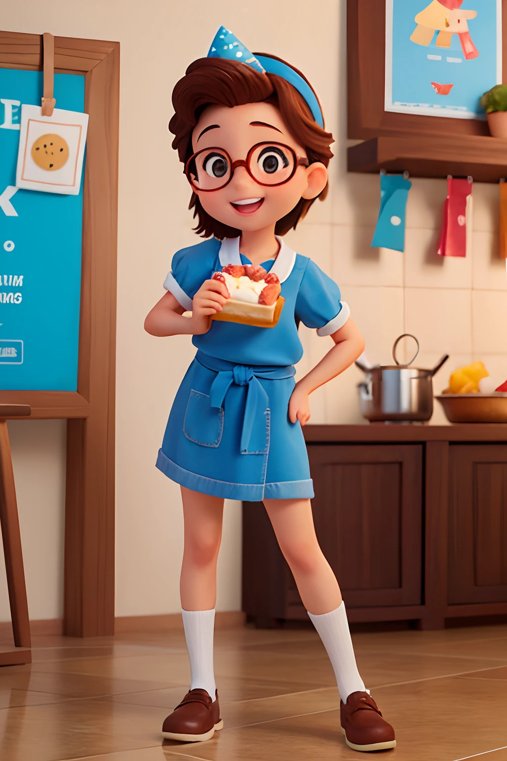 Create a Disney-style poster featuring a 40-year-old female character, Behind the cocked glasses, para mulheres, cabelos cor castanho claro na altura do ombro, sorriso feliz, queixo pequeno, . o cabelo deve ser cacheado, Caiu um pouco dos ombros. Roupa de confeiteira. Holding a small birthday cake in a pastry kitchen.