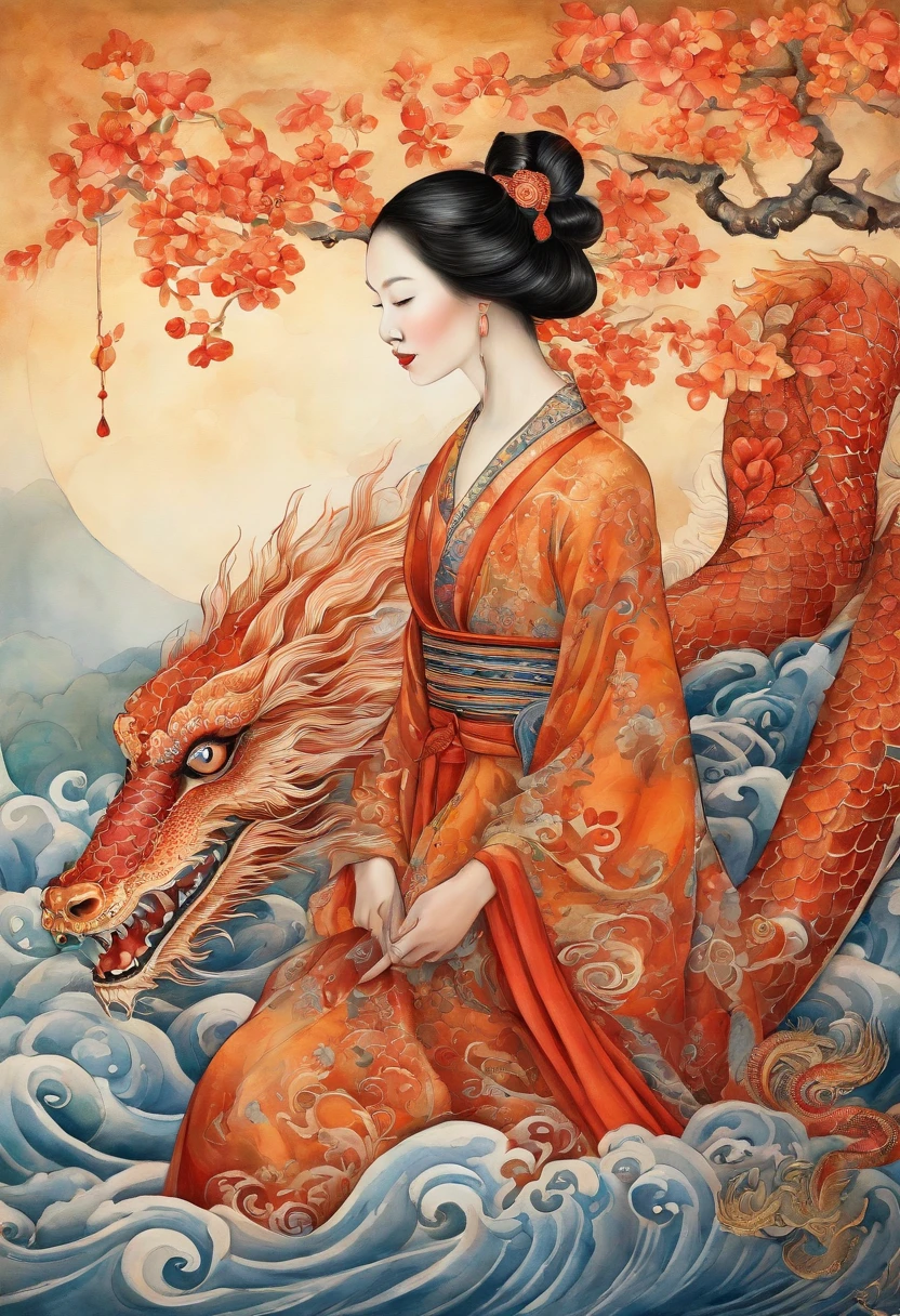 A Chinese woman and her dragon pet, Bright lighting, Flowering dress, Intricate details, Sharp focus, Dynamic pose, the complex background, Fantasy landscape, Light, Intricate, filigree, Clarity, Dynamic lighting, Clarity, High quality, Sharp focus, Realistic, Beautifully painted, triadic colors, deep colour, Orange scale, Centered, Symmetrical eyes, Luminism, Hokusai ukiyo-e style waves. Chinese motif.