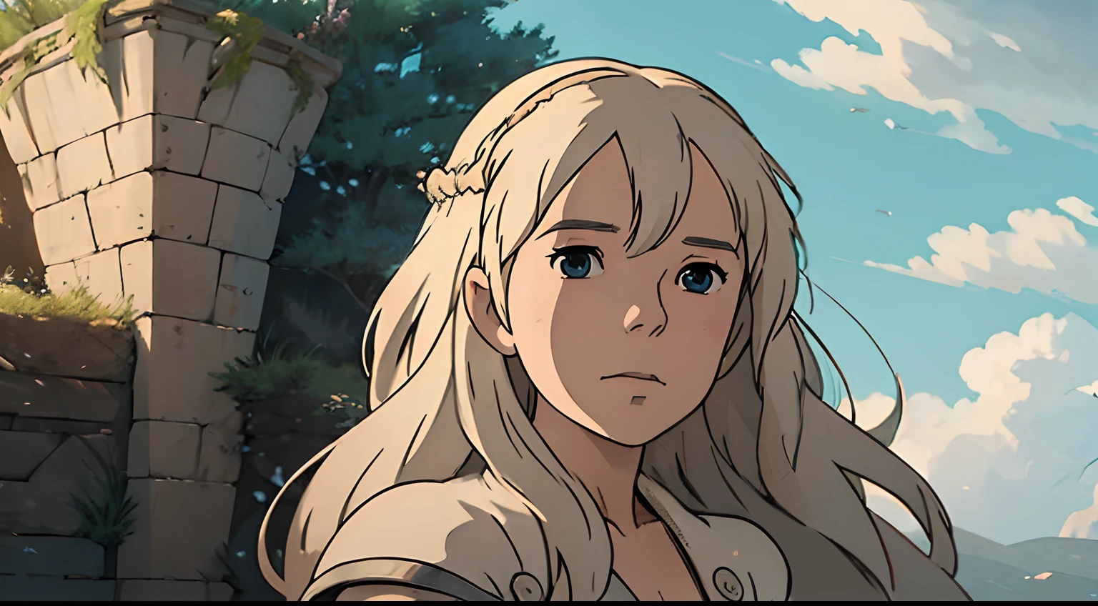 ((Daenerys Targaryen)), long hair, miyazaki hayao, expressive eyes, ((anime)), Serenity, Anime art , Luminism, cinematic light, Studio Ghibli, grassland with blue sky