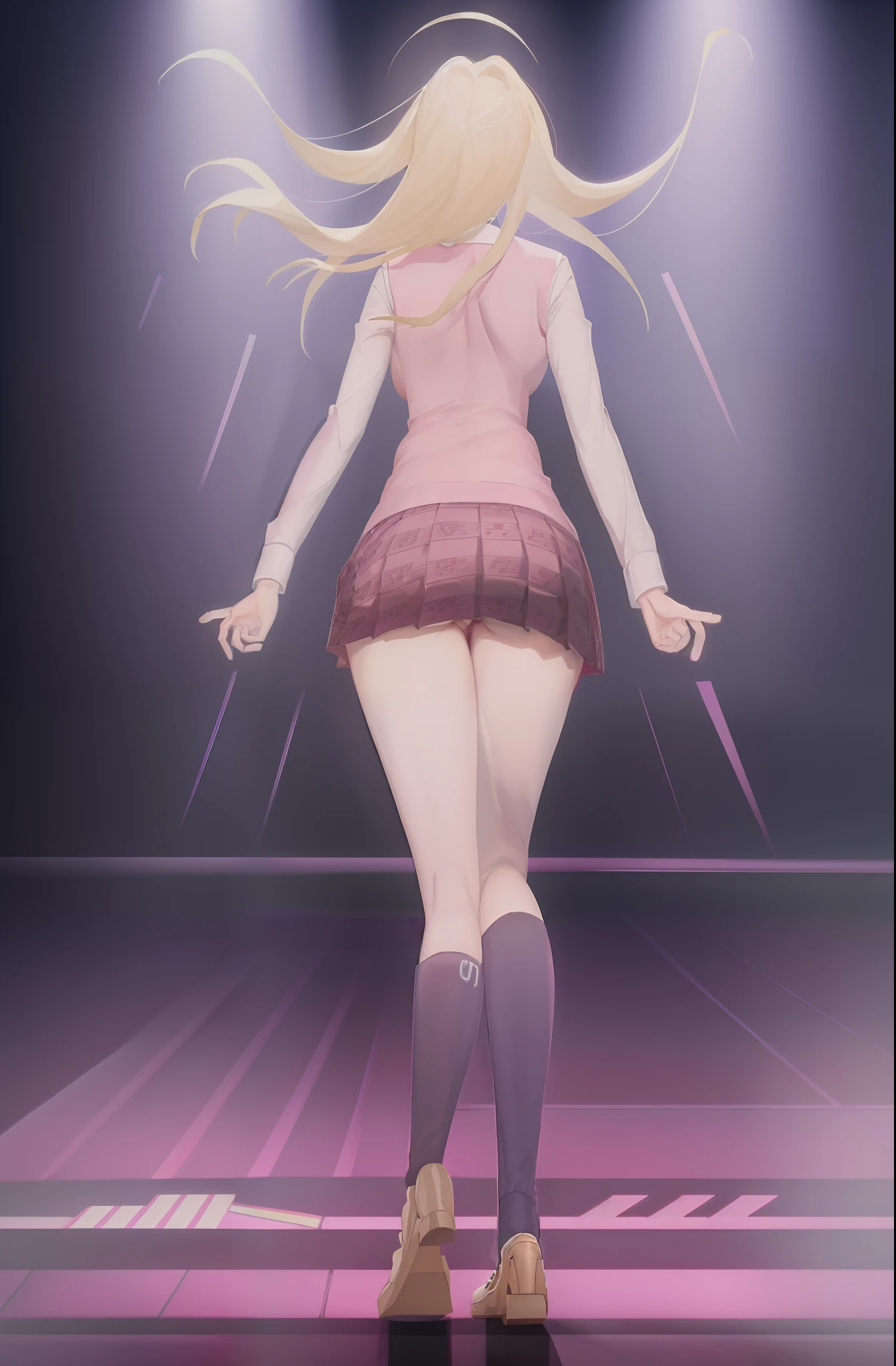 Masterpiece, Best Quality, KaedeDG, (1girl:1.4), necktie, sweater vest, breasts, shirt, long sleeves, solo, beamed eighth notes, white shirt, collared shirt, medium breasts, school uniform, (wind lift:0.8), (panties:0.8), (pretty butt:1), smile, solo, (from behind:1.5), (from below:0.8), (Full body:1.5)