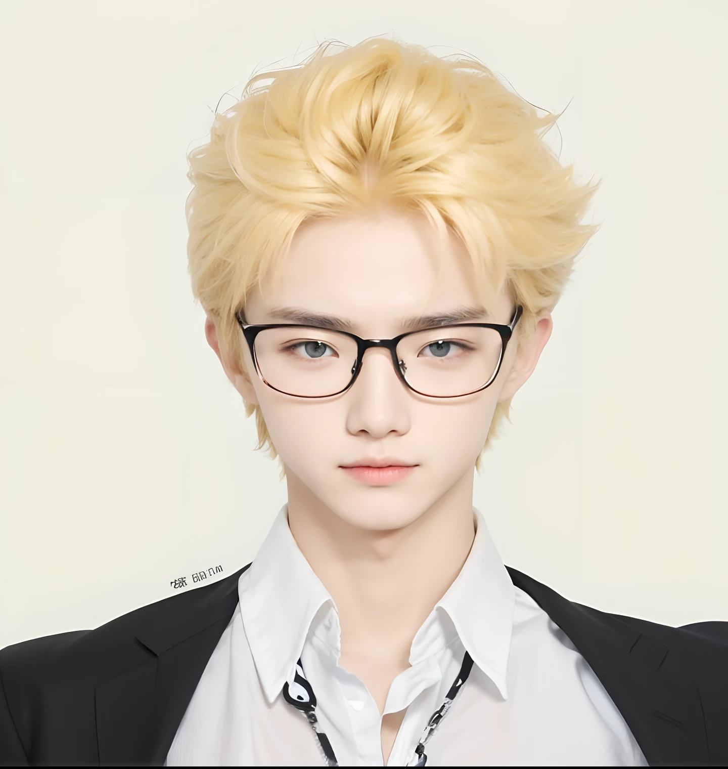 A teenage boy with realistic blonde hair, exactly realistic glasses, realistic bright yellow eyes, realistic Korean handsome face, realistic cool expression,Realistic firm facial expressions, adapt the exact same clothes, realistic black suit, white shirt, realistic light, realistic shadows, realistic background