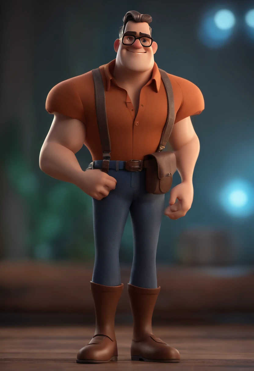 Cartoon character of a man with black glasses, cabelo cacheado marrom escuro e uma camisa azul, animation character, Caractere estilizado, animation style rendering, 3D estilizado, Arnold Maya render, 3 d render stylized, toon render keyshot, Personagem 3D, Personagem 3D, 3d rendering stylized, 3 d character render, personagem de desenho animado, Personagem de close up, Pose de personagem, (Estilo Pixar) (master part:1.2) (Bokeh) (best quality) (pele detalhada) (textura detalhada) (8k) (argila) (Cinematic lighting) (foco nítido