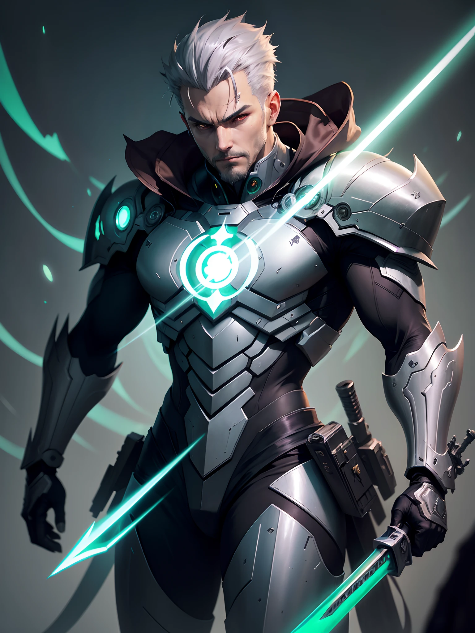 Person doctor, Close-up of a man hair gray, using  mask metal black cyberpunk with a green lantern sword, glowing green soul blade, Brilliant Sword, glowing sword in hand, intricate glowing mecha armor, Krenz Cushart and Wenjun Lin, elegant glowing armor, amazing 8k character concept art, style by duelyst, Krenz Cushart and Artem Demura