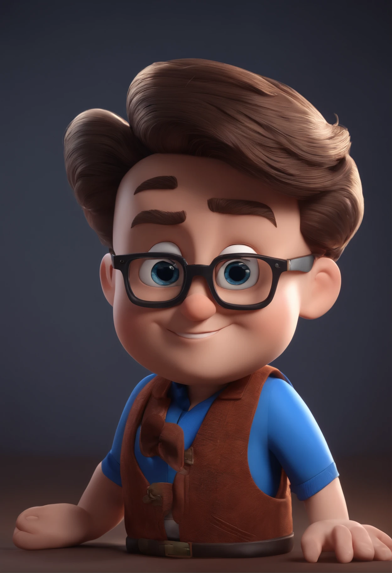Cartoon character of a man wearing black glasses and a blue shirt, um personagem animado, Caractere estilizado, animation style rendering, 3D estilizado, Arnold Maya render, 3 d render stylized, toon render keyshot, Personagem 3D, Personagem 3D, 3d rendering stylized, 3 d character render, personagem de desenho animado, Personagem de close up, Pose de personagem, (Estilo Pixar) (master part:1.2) (Bokeh) (best quality) (pele detalhada) (textura detalhada) (8k) (argila) (Cinematic lighting) (foco nítido,Senta e vaza a parte superior do corpo