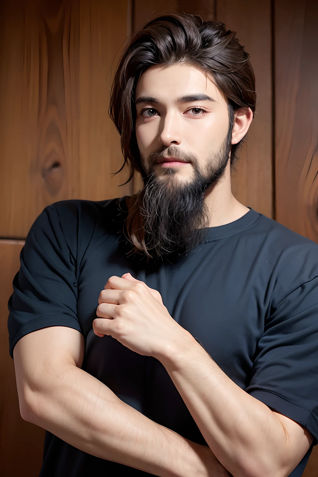 A guy with a handsome face and faded hair and sized beard