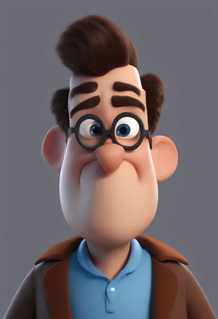 Cartoon character of a man with black glasses, forte, cabelo grisalho partido de lado, com 1.60 de altura e uma camisa azul, animation character, Caractere estilizado, animation style rendering, 3D estilizado, Arnold Maya render, 3 d render stylized, toon render keyshot, Personagem 3D, Personagem 3D, 3d rendering stylized, 3 d character render, personagem de desenho animado, Personagem de close up, Pose de personagem, (Estilo Pixar) (master part:1.2) (Bokeh) (best quality) (pele detalhada) (textura detalhada) (8k) (argila) (Cinematic lighting) (foco nítido