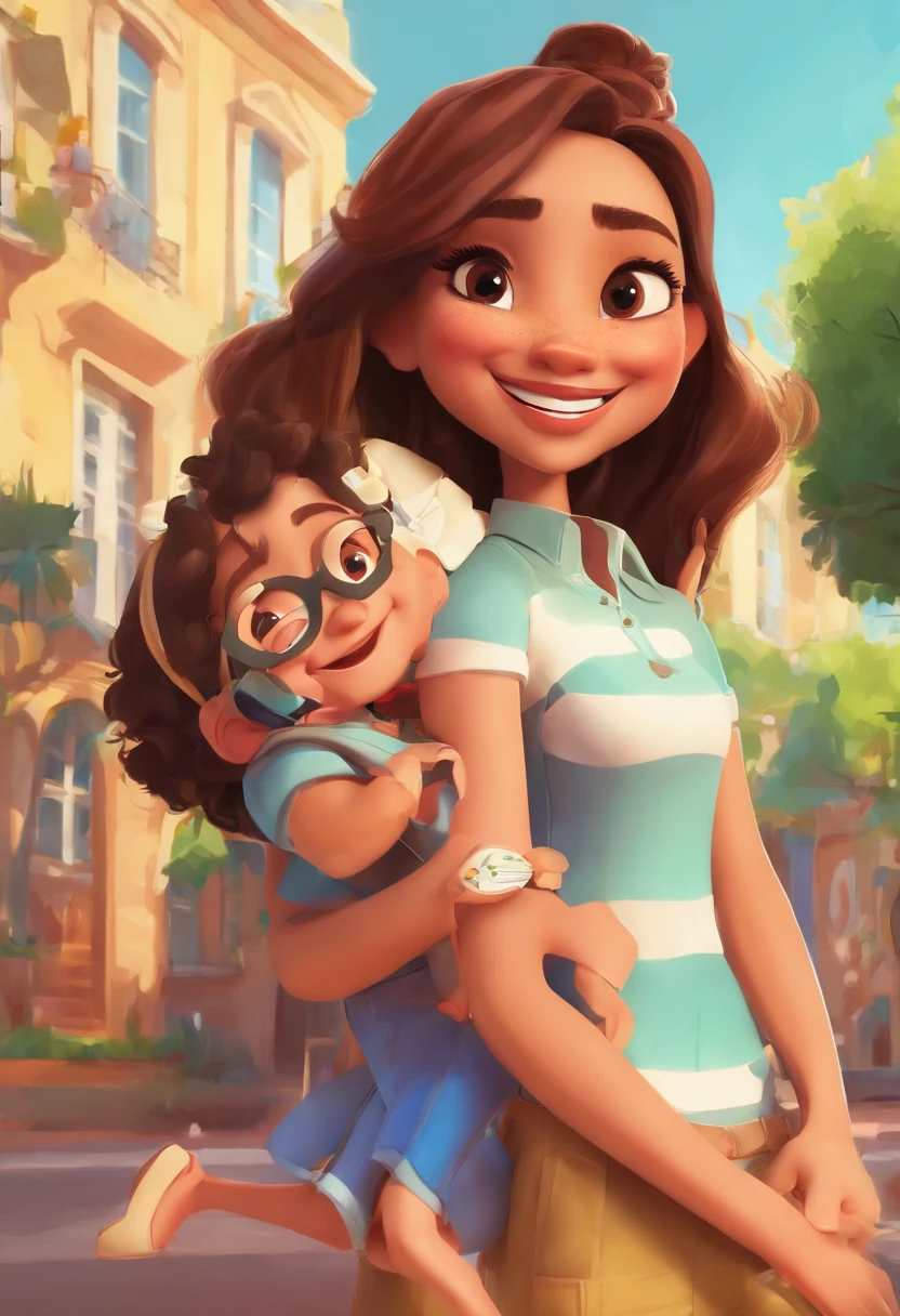 An illustration of an adorable couple, Highlight for a chubby mulatto man with glasses smiling and a brunette woman with beautiful expressive eyes - the man's skin is mulatto and the man's hair haswhile the woman's skin is black and the woman's hair is straight and brown. They are a bright room, cada um com um sorriso no rosto, e compartilhar um momento especial caracterizado pelo amor, Insights. Illustrate this scene from a perspective where they are facing the camera, Smiling and Showing Your Connection. Desenvolva esta arte em Full HD, Focus on your cinematic touch, Estilo Disney Pixar Animations