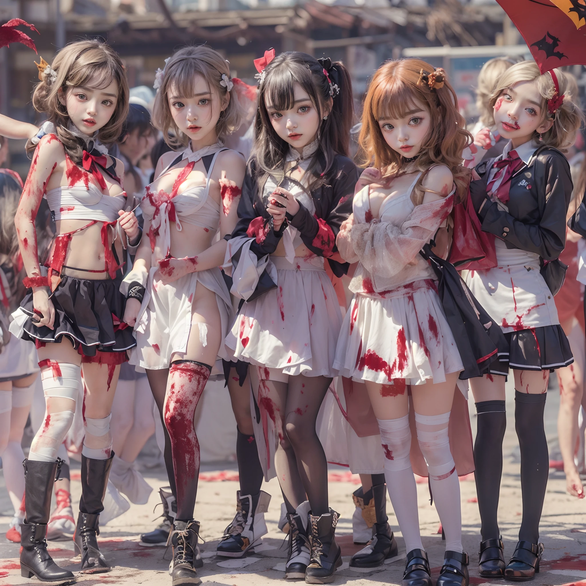 (((SFW, NSFW STILL SHOW, 12 Tiny Girls in a row:1.2, Shibuya Hachiko-mae scramble crossing on Halloween:1.2))), ((masterpiece:1.2, best quality, photorealistic:1.37)), { (Standing Full Body:1.2)|(from below:1.2) }, { bandaged full body | Cut-off Sailor Uniform }, { bandaged head | bandaged limbs | (( bleeding from pussy )) }, {((naked bandage))|metallic red nipple stickers}, {(bloody)|blood paste|(Blood-stained bandages| bloody inner thighs)}, ((Detailed KAWAII face, Detailed glistening ivory skin)), {Bustling street|Crossroads|(Passerby schoolgirls)| halloween| neon}, {(Childish:1.2|Gigantic Cleavage:1.37|Underboob:1.2)}, {Red leather high collar| Hair ornaments |shotgun|random hair colors}, {Floating hair|Strong wind|(((Ass focus, open thighs)))| flying magic | Skirtlift}, {(Kissing face to face)|:p|:d|laugh|sparkle|joyful|delighted|Drunk},extremely Detailed,