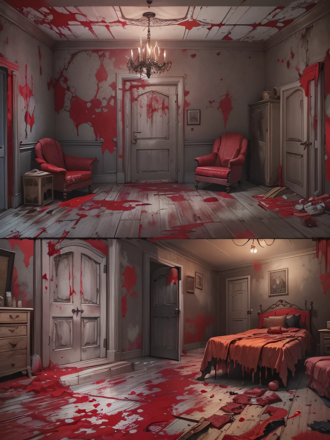 Create a terrifying and macabre indoor room scene, drenched in bloodstains, where an ominous atmosphere lingers, sending shivers down the spine,