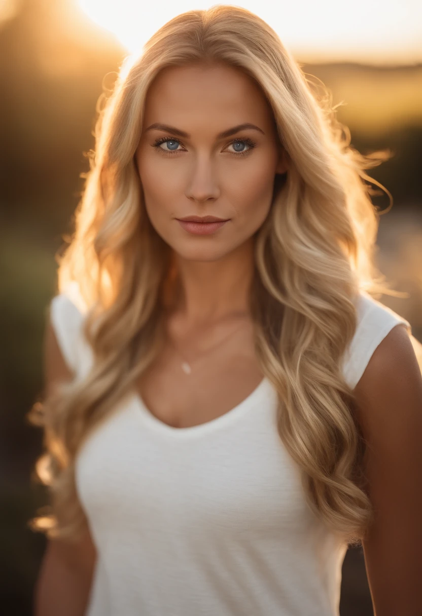 A photorealistic portrait of a 30-year-old American girl with long, flowing blonde hair and striking blue eyes wearing a white t-shirt. It should have a natural, approachable expression and be illuminated by the soft sunlight of the golden hour. The background should be a picturesque setting in a bar, perhaps a sunlit beach. Capture this image with high-resolution photography using an 85mm lens for a flattering perspective.