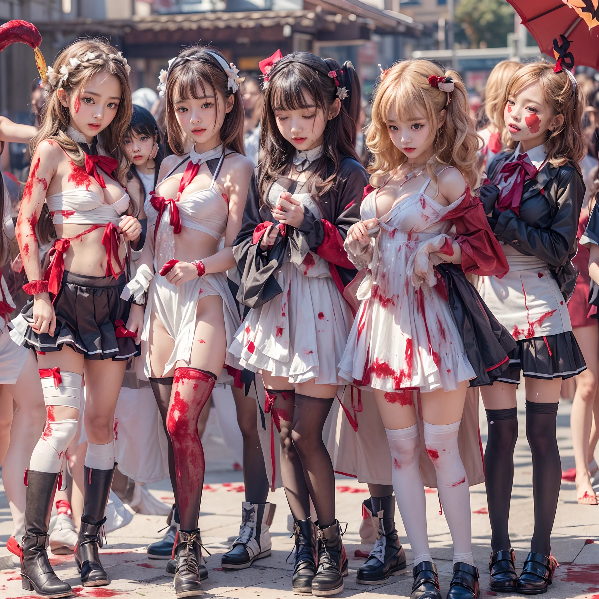 (((SFW, NSFW STILL SHOW, 12 Tiny Girls in a row:1.2, Shibuya Hachiko-mae scramble crossing on Halloween:1.2))), ((masterpiece:1.2, best quality, photorealistic:1.37)), { (Standing Full Body:1.2)|(from below:1.2) }, { bandaged full body | Cut-off Sailor Uniform }, { bandaged head | bandaged limbs | (( bleeding from pussy )) }, {((naked bandage))|metallic red nipple stickers}, {(bloody)|blood paste|(Blood-stained bandages| bloody inner thighs)}, ((Detailed KAWAII face, Detailed glistening ivory skin)), {Bustling street|Crossroads|(Passerby schoolgirls)| halloween| neon}, {(Childish:1.2|Gigantic Cleavage:1.37|Underboob:1.2)}, {Red leather high collar| Hair ornaments |shotgun|random hair colors}, {Floating hair|Strong wind|(((Ass focus, open thighs)))| flying magic | Skirtlift}, {(Kissing face to face)|:p|:d|laugh|sparkle|joyful|delighted|Drunk},extremely Detailed,