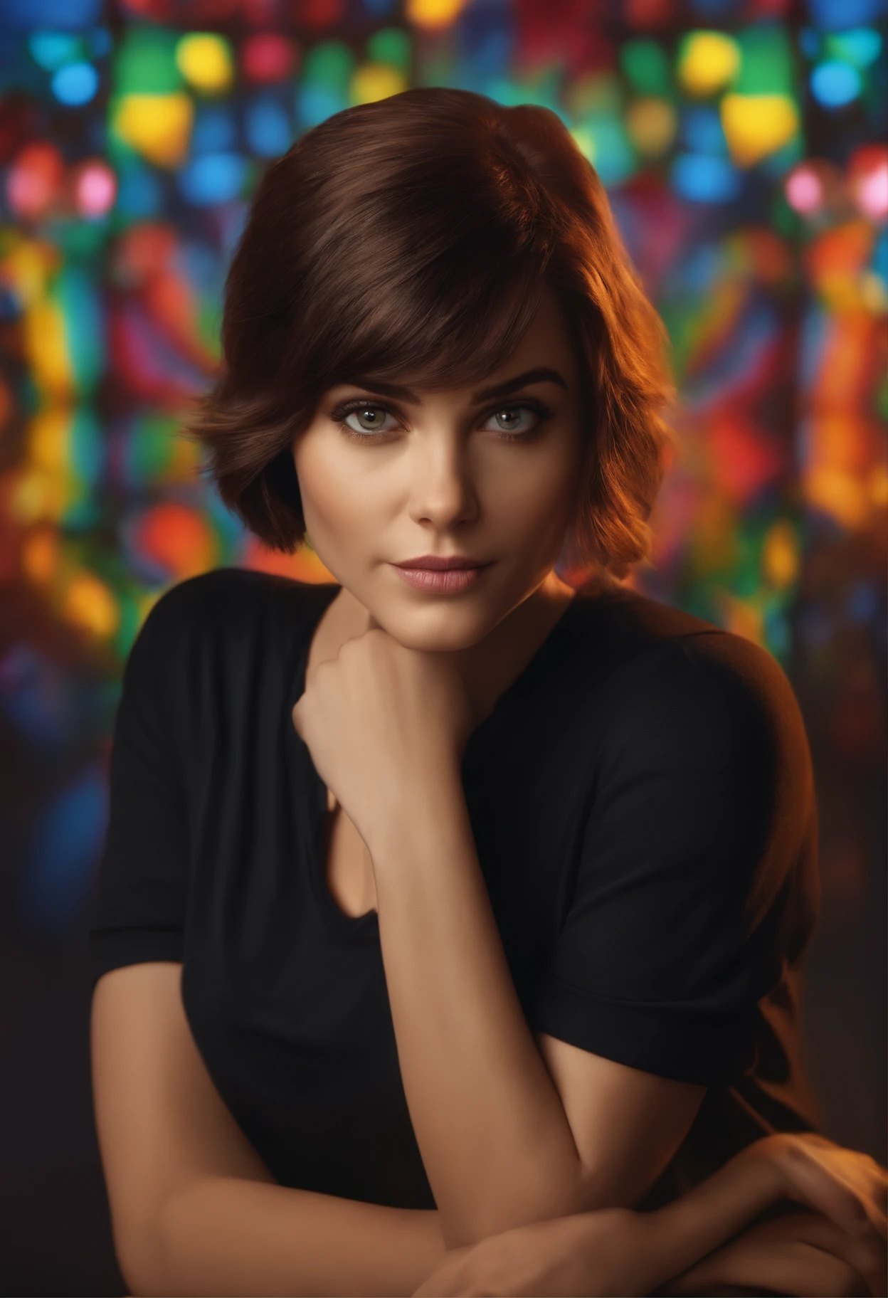 filme Marketing 2023 estilo filmes Pixar, Com nome "N - Marketing", poster, With short, lighter brunette hair and a black t-shirt in front of her crossed arms.