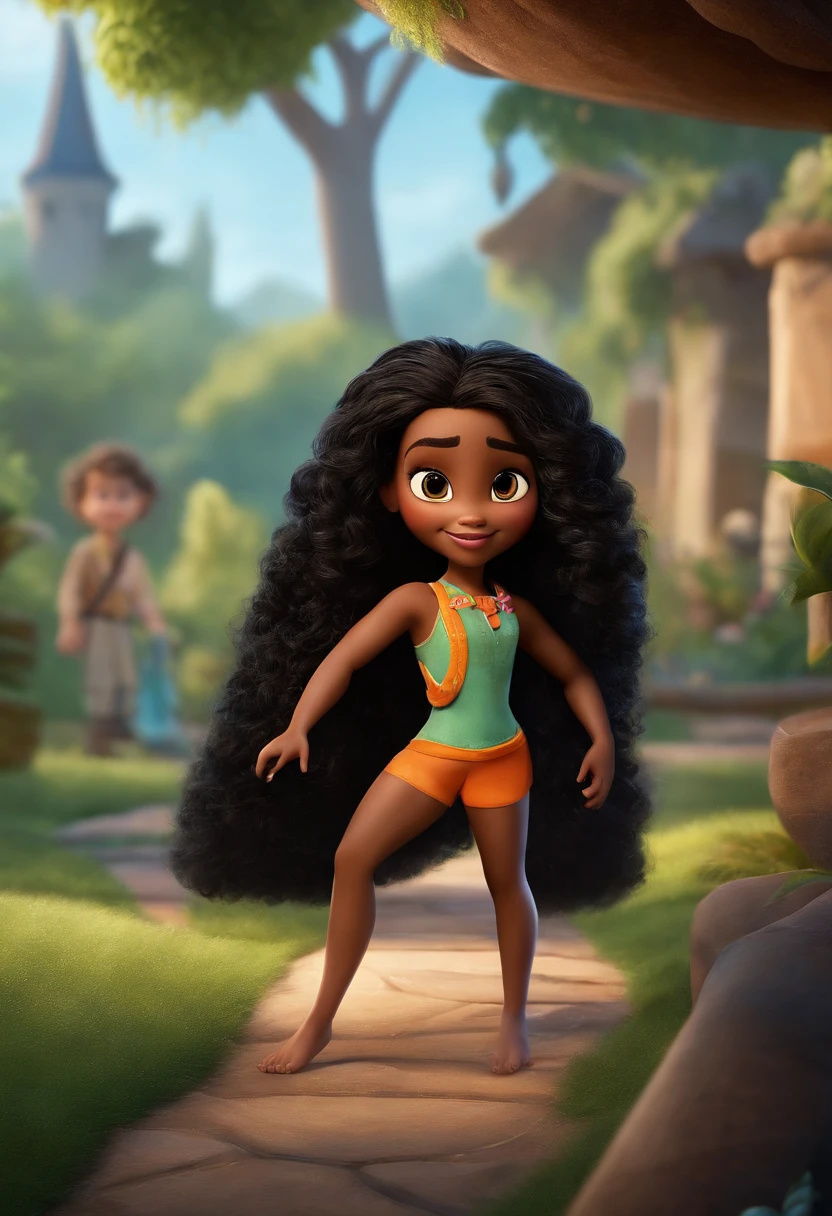 Um filme inspirado na Disney Pixar ( NEGRA JOVEM COM CABELO LONGO CACHEADO PRETO) dentro A cena estar na arte distinta do estilo PIXAR, descolada e estilosa e fazendo lacos em seu atelie de artesanato