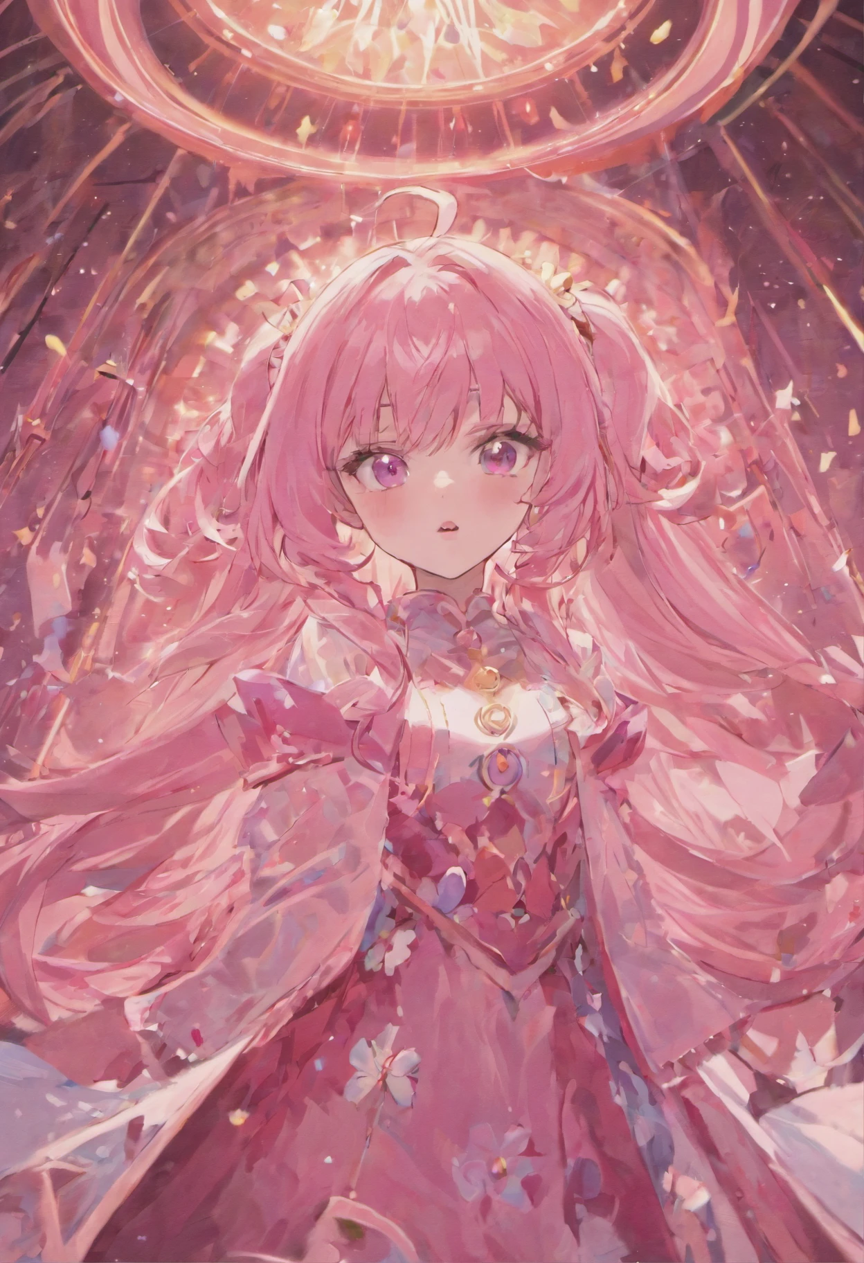 "(best quality,realistic),long pink hair,beautiful detailed pink eyes,beautiful detailed pink lips,ultra-detailed pink clothes,colorful background,soft lighting,portrait"