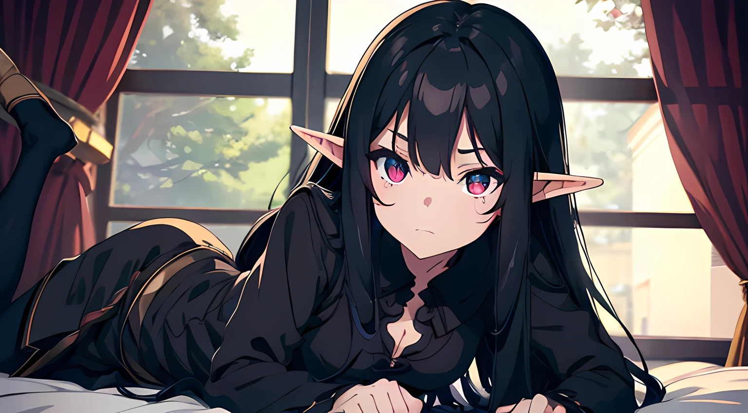 elf girl, looking at viewers, long black hair, dark color, ghotic style, black clothes, teasing facial expression, moe and cute, lay on bed, good anatomy, detailed face, 4k, bedroom