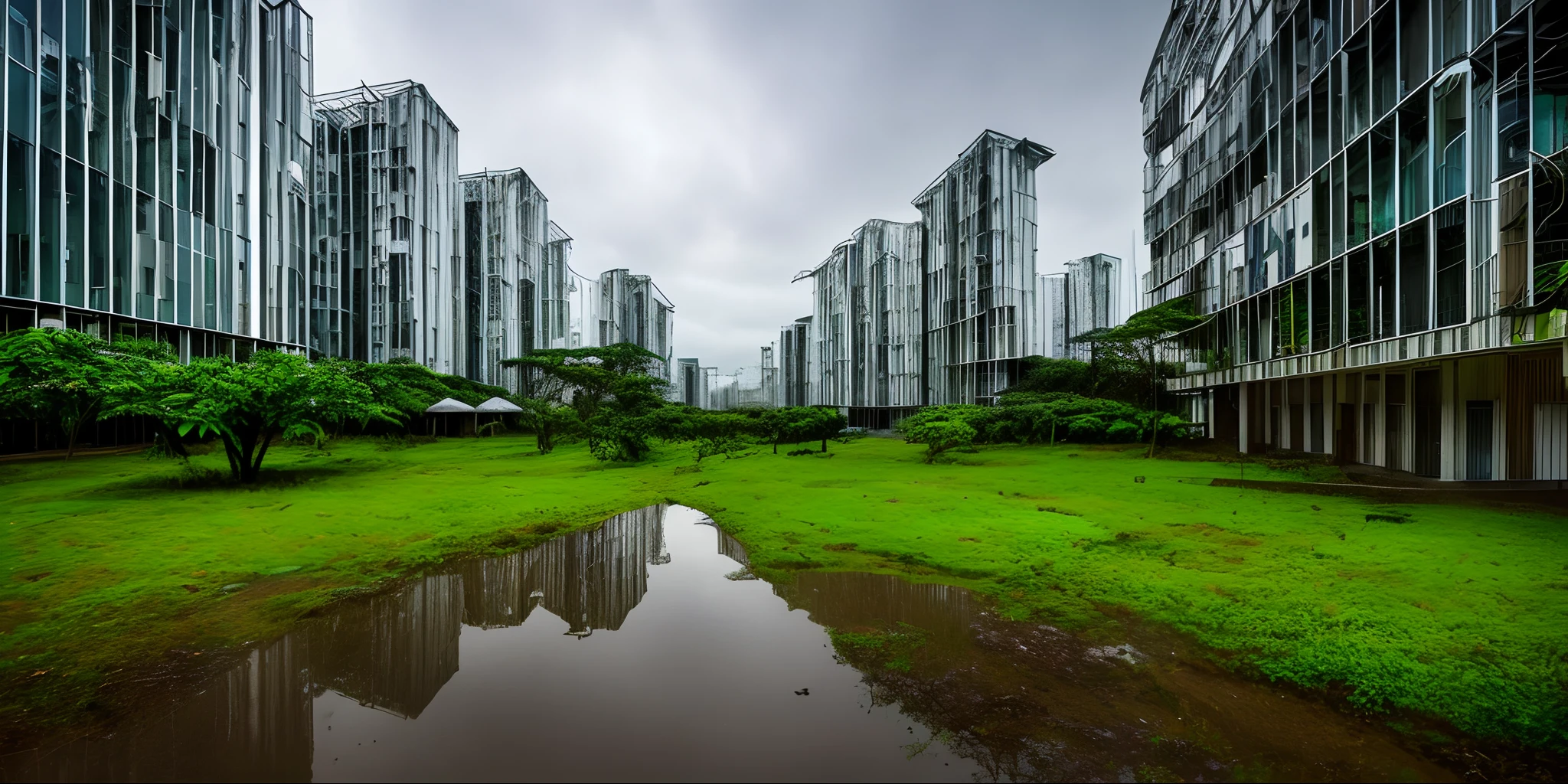 Mundo avermelhado com raios , Forest of mechanical buildings with rain of money