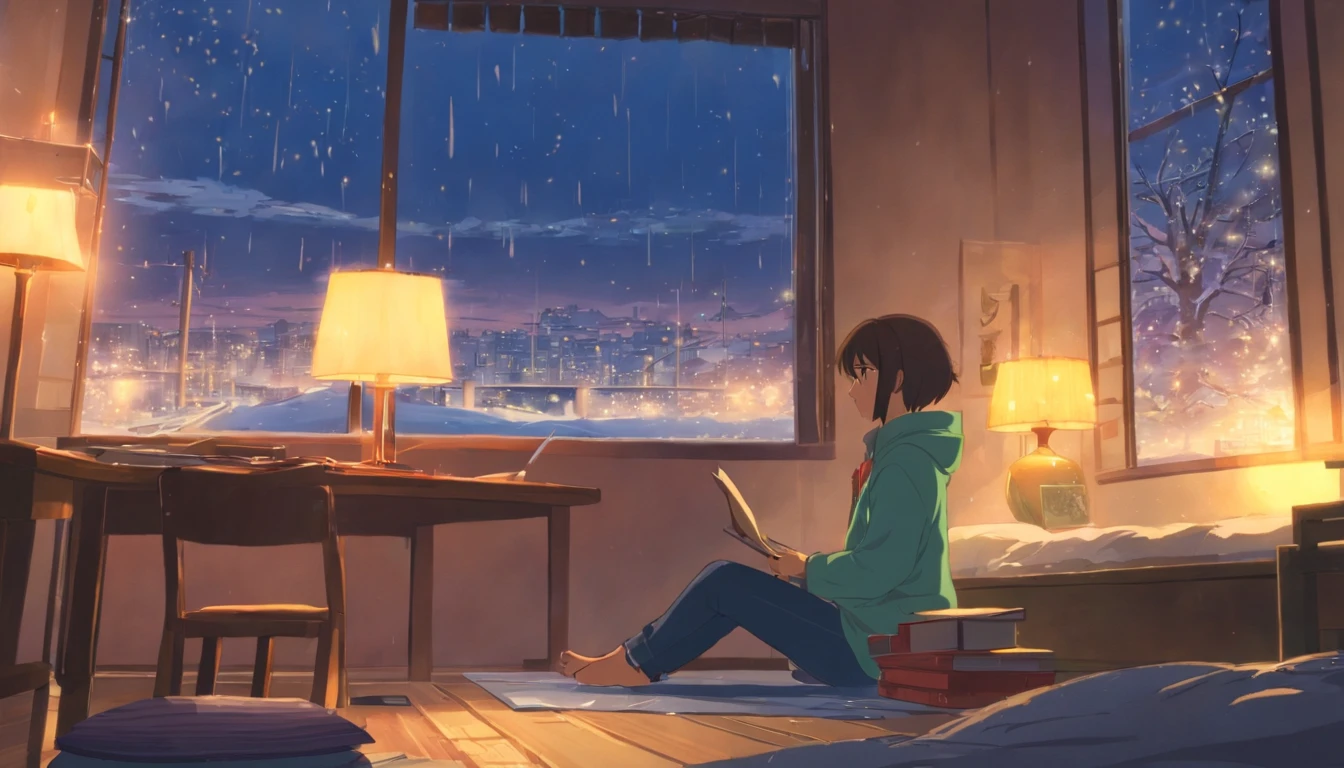 (best quality, high definition), cozy room, realistic, rough weather, warm lighting, snowing outside, girl studying