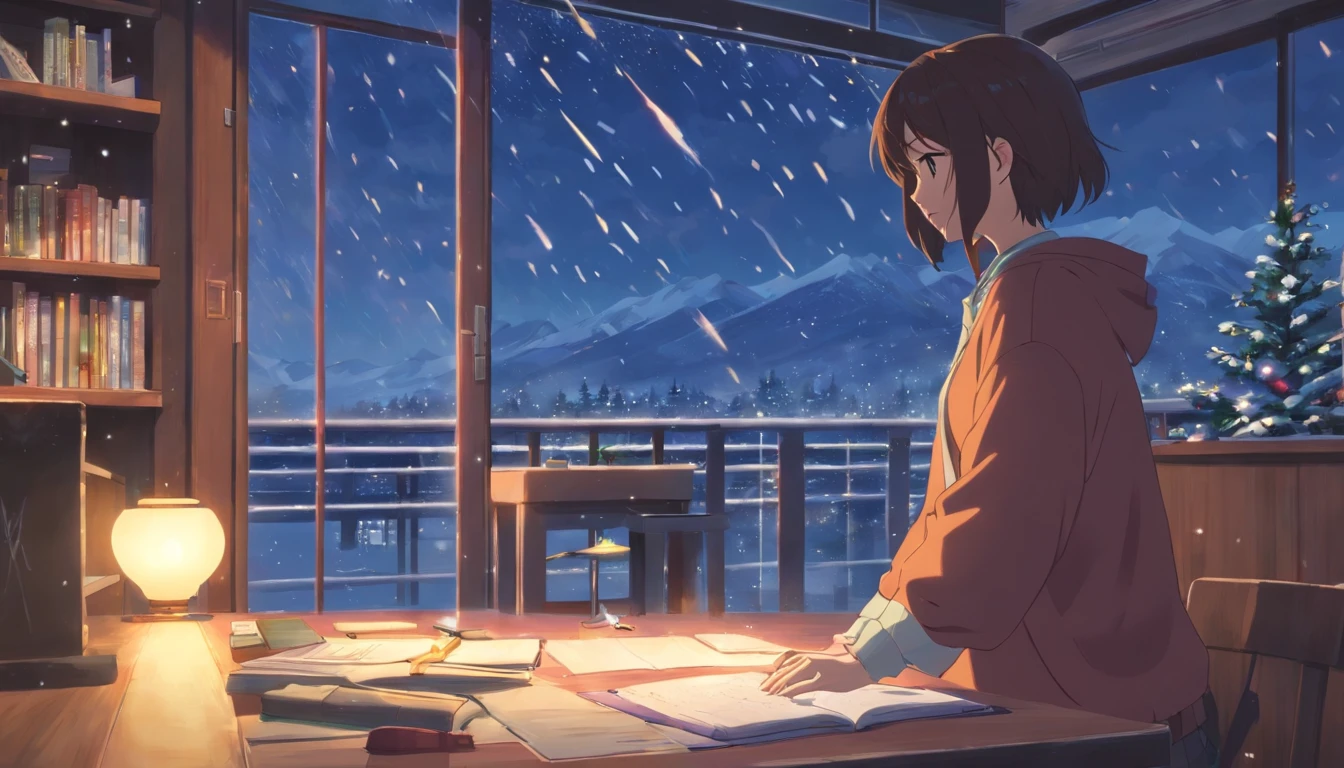 (best quality, high definition), cozy room, realistic, rough weather, warm lighting, snowing outside, girl studying