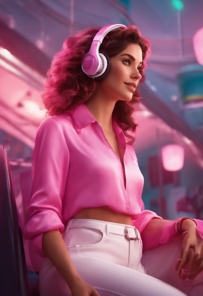 Estilo pixar,Garota cabelos longos e loiros usando um headset rosa,Pink cropped and white pants, fundo gamer