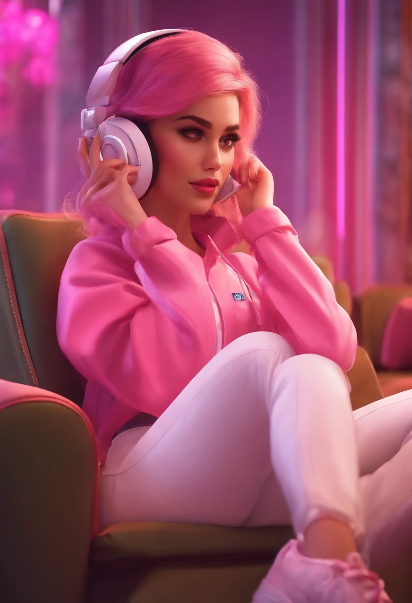 Estilo pixar,Garota cabelos longos e loiros usando um headset rosa,Pink cropped and white pants, fundo gamer