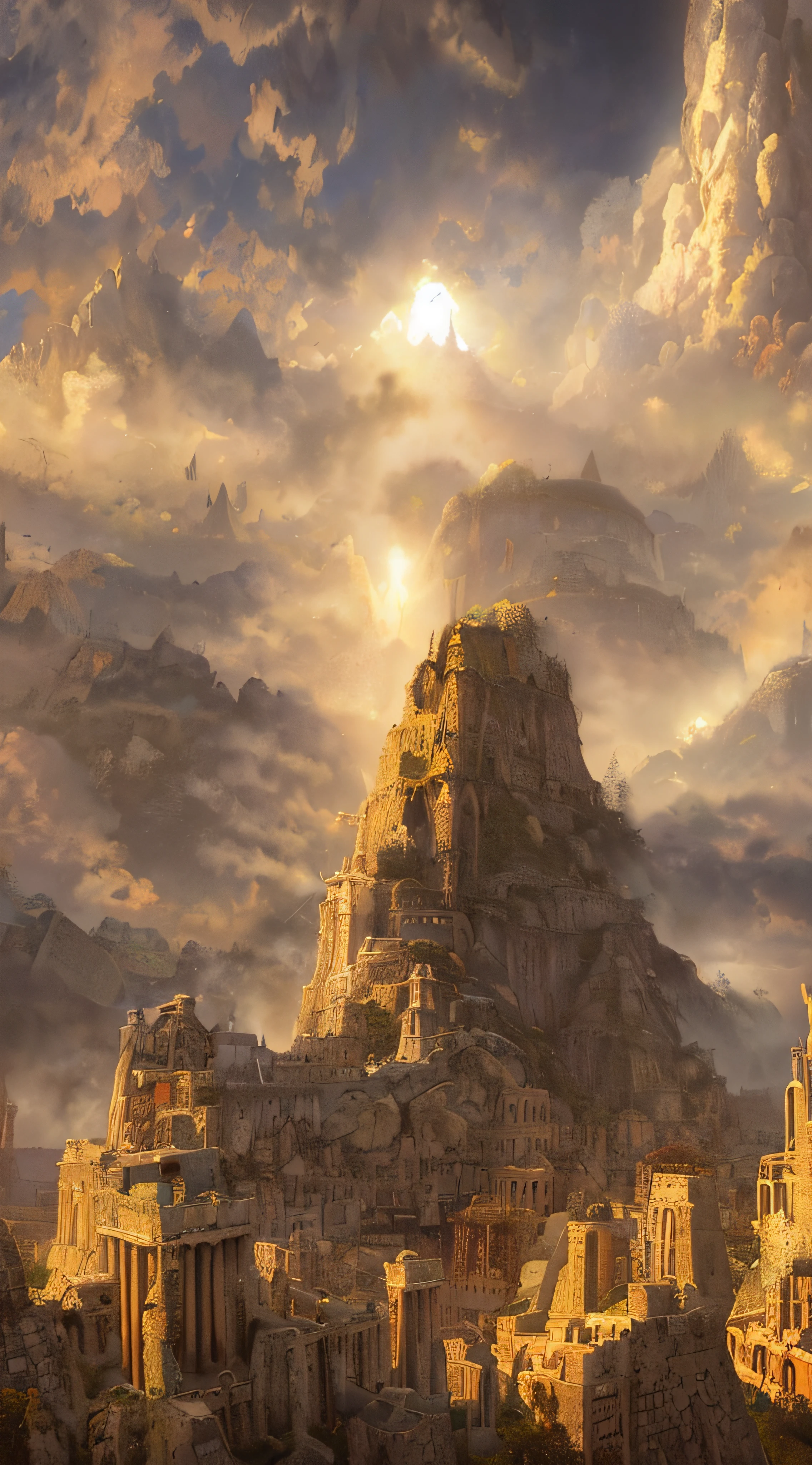 there is a picture of a castle in the middle of a mountain, ancient city landscape, ancient civilization, ancient city, an ancient city on fire, pyramid ruins at sundown, matte painting in fantasy style, ziggurat, ancient megastructure pyramid, post apocalyptic ancient ruins, panorama of crooked ancient city, greek fantasy landscape, ancient civilisation, ancient sci - fi city