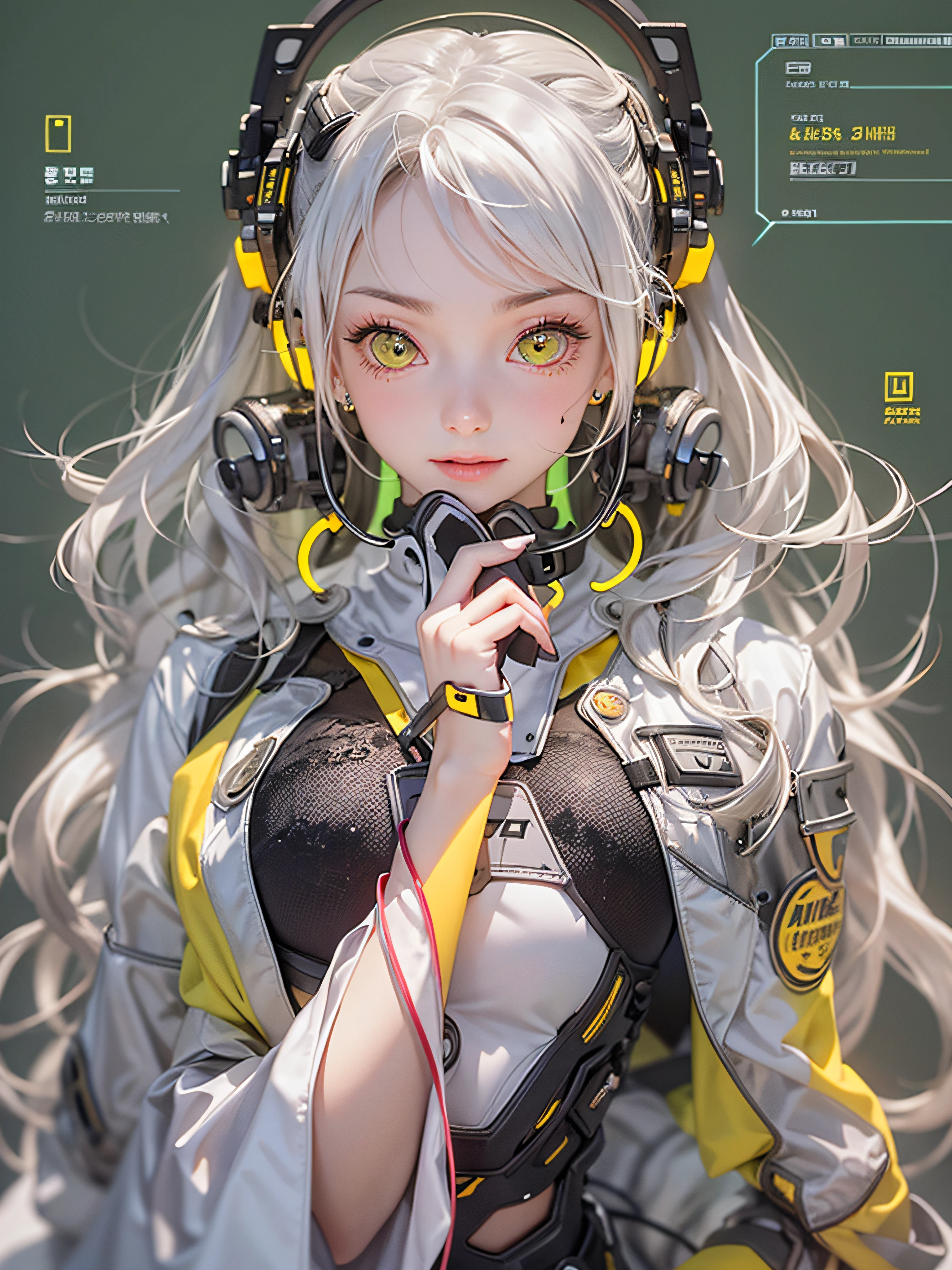 Best quality,tmasterpiece,Ultra-high resolution fills the picture,Indoor at night,Neon lights,Yellow color scheme,Rich egg yellow,Silvery-white hair,Yellow and white tights,Yellow and white color scheme clothing,Sporty skirts,the complex background,Weight instruments in the background,High-tech screen in the background,Lateral face,Smiling,Dress less,There are fitness elements in the rear,nike,nike,nike,Tech gym,Perfect makeup,Love eyes,8K quality,Cyberpunk,sense of science and technology,Character backlighting,rim-light,Movement changes,Flowing hairstyle,Loose hairstyle,The number of fingers is refined,6 avatar diagrams,Luminous stud earrings,Luminous digital necklace,Electronic digital watches,The most beautiful girl in mankind,Delicate close-up of the face,Realistic image quality,Super light and shadow,Very good figure,Meticulous,Arrow symbol,Brand sense,English slogan neon,Runway lights,Fitness gym at night,Very good figure,Raised sexy