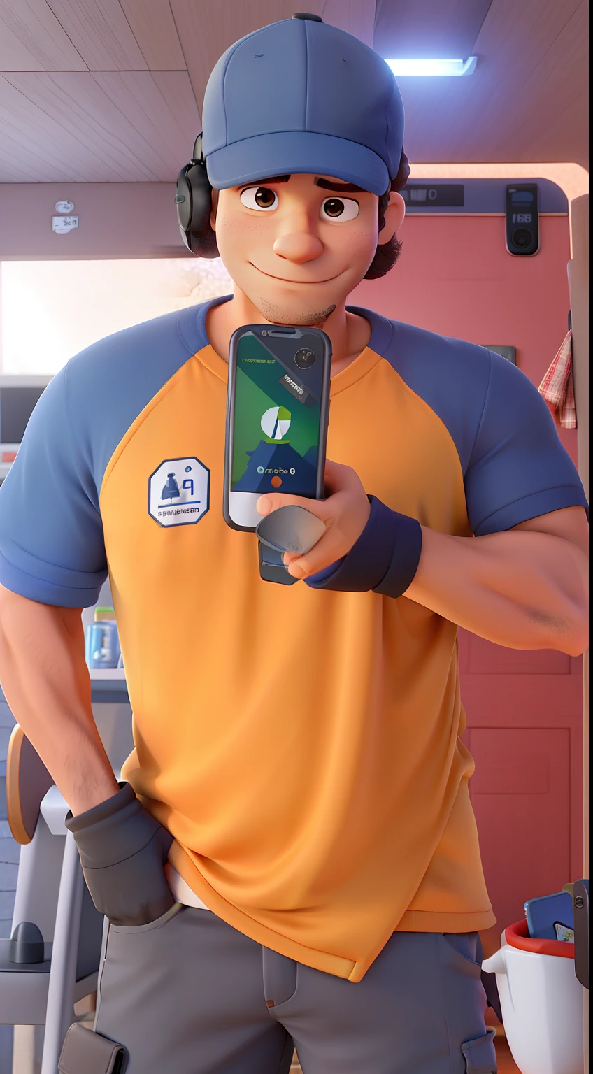 homem  meio gordo, careca e de barba bem falhada, Cap and holding mobile phone