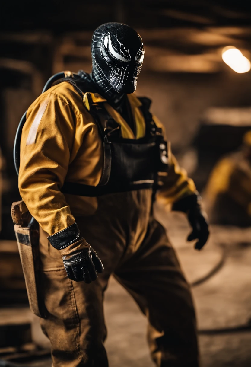 Venom working as a construction worker, hard hat, ppe hyper detailed, intricate detail, crystal clear image
