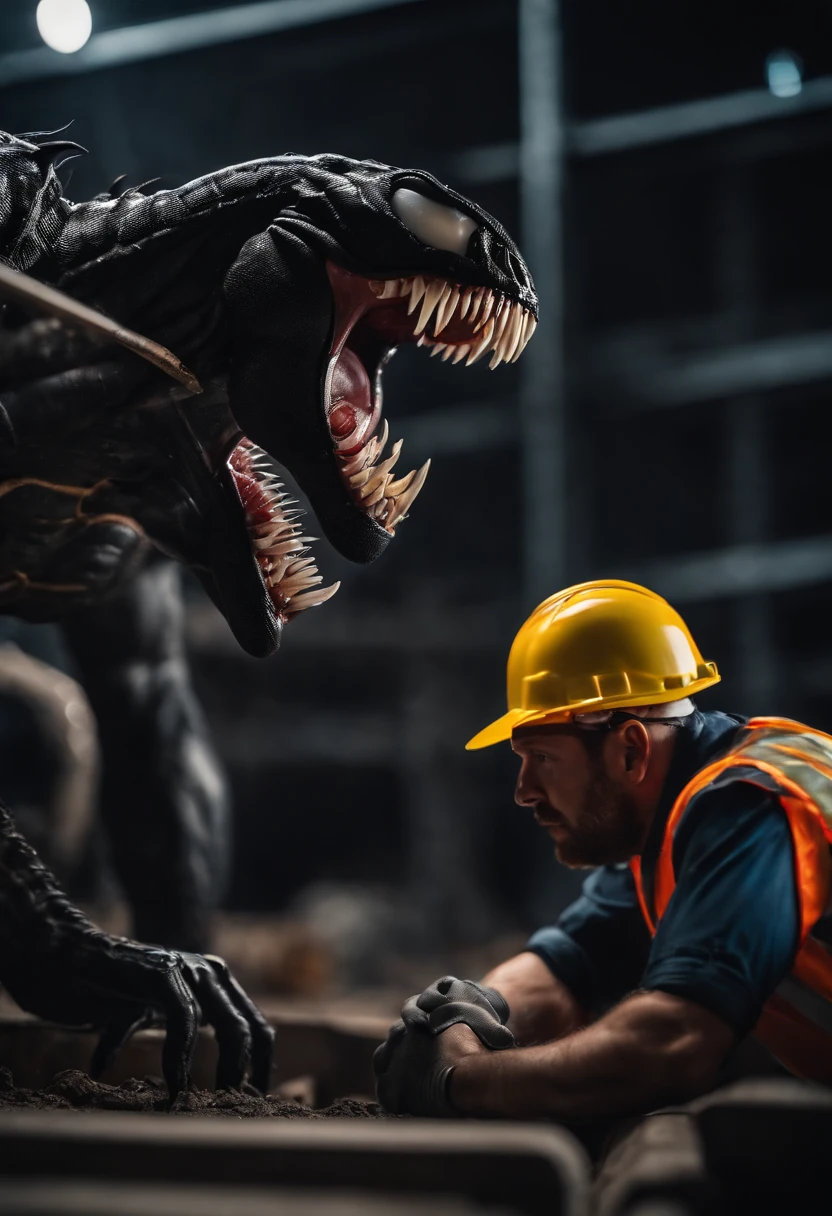 Venom working as a construction worker, hard hat, ppe hyper detailed, intricate detail, crystal clear image