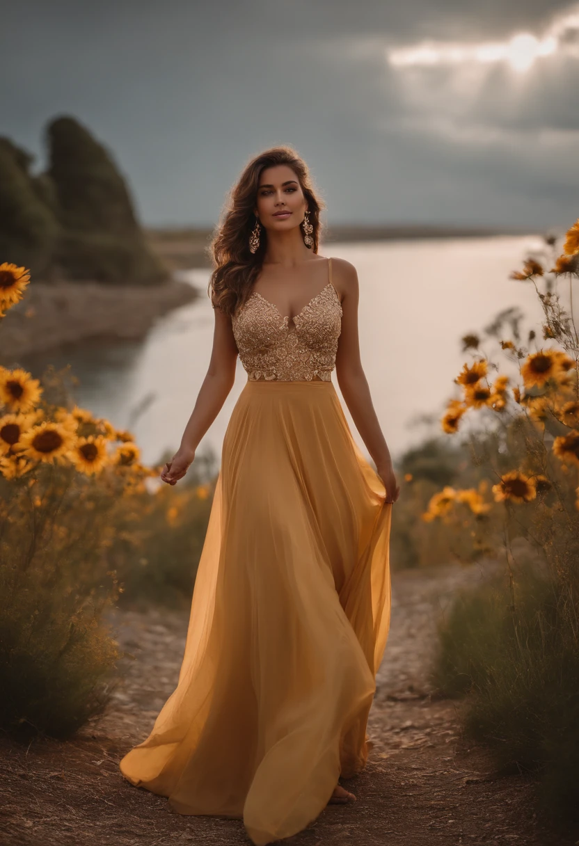 A woman in a yellow dress walking through a field of sunflowers - SeaArt AI