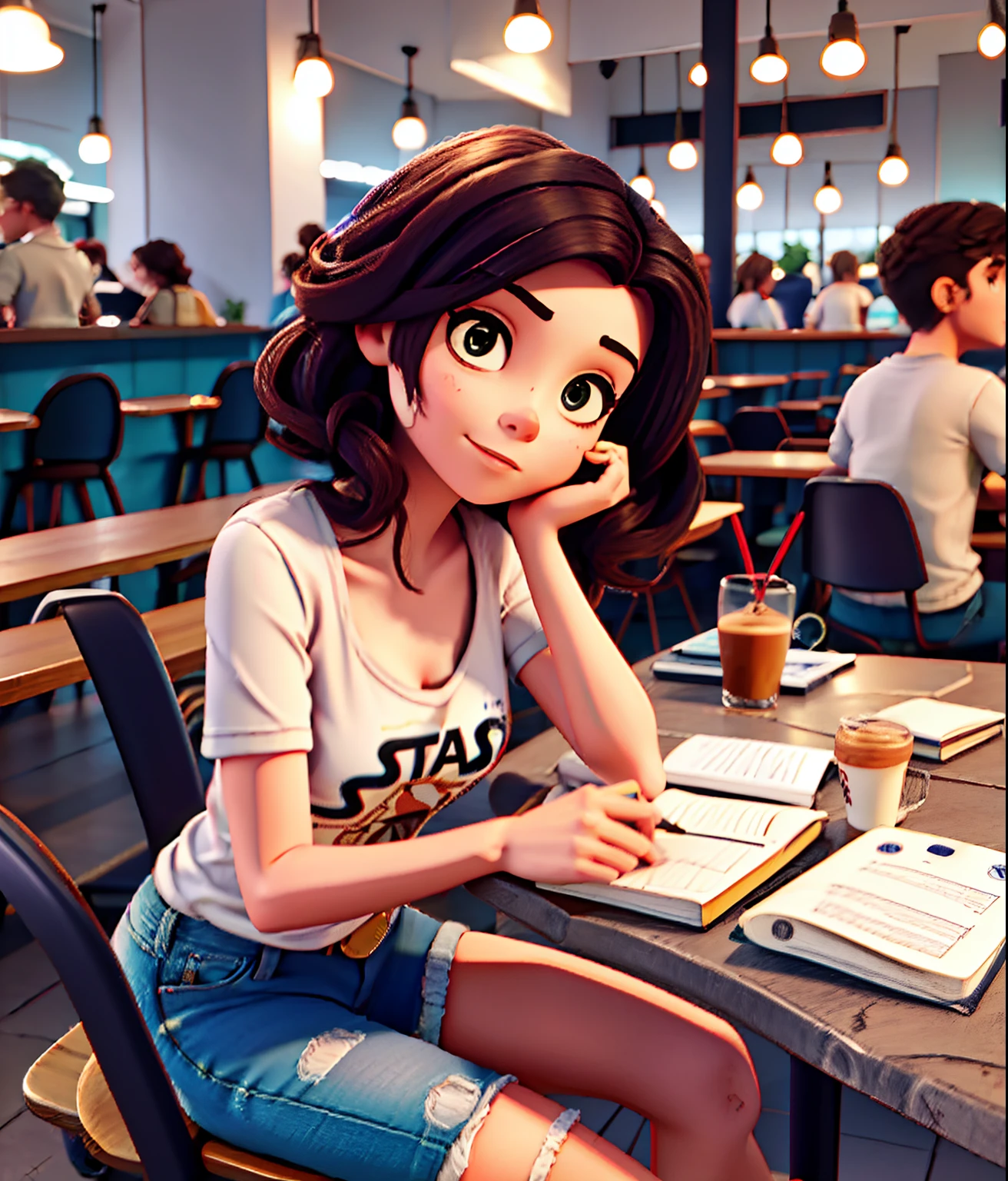 Mulher brasileira cabelos longos castanho claro, olhos castanhos, vestindo camiseta do Star Wars, short jeans e ALL star preto. Drinking coffee and writing in a notebook. Buenos Aires Cafeteria Scenery, estilo europeia.