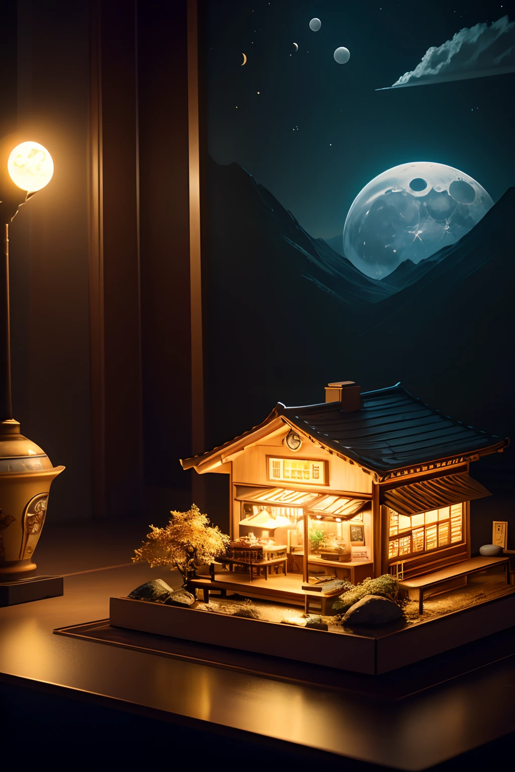 Tatsuya Tanaka,Miniature landscape photography,Scene photography,themoon,Realistic material textures,warm
move,spotlight lights,cold shades,Golden section,Advanced photography style,transcend
Realist style,Surrealistic rendering details,high qulity,8K