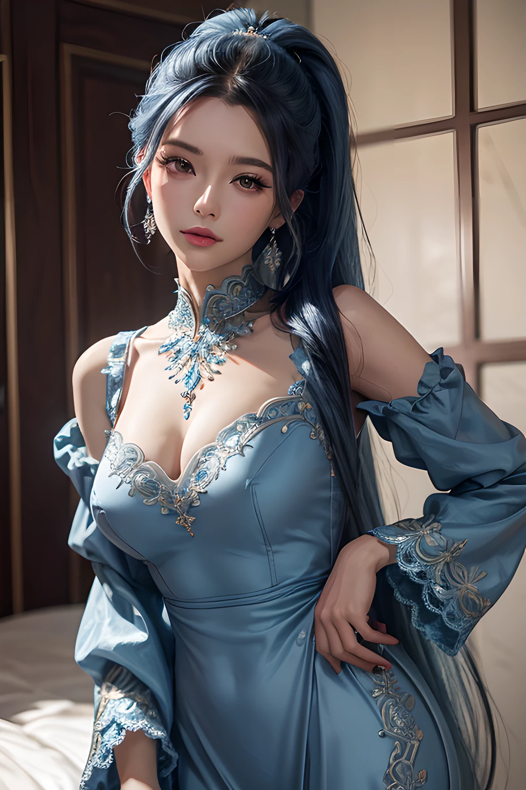 a beautiful lady, pretty, exquisite, elegant wearing  long-sleeved midi dress , blue pony tail hair, earrings,  hands behind the head, looking at the viewer, 8k, intricately detailed, UHD,