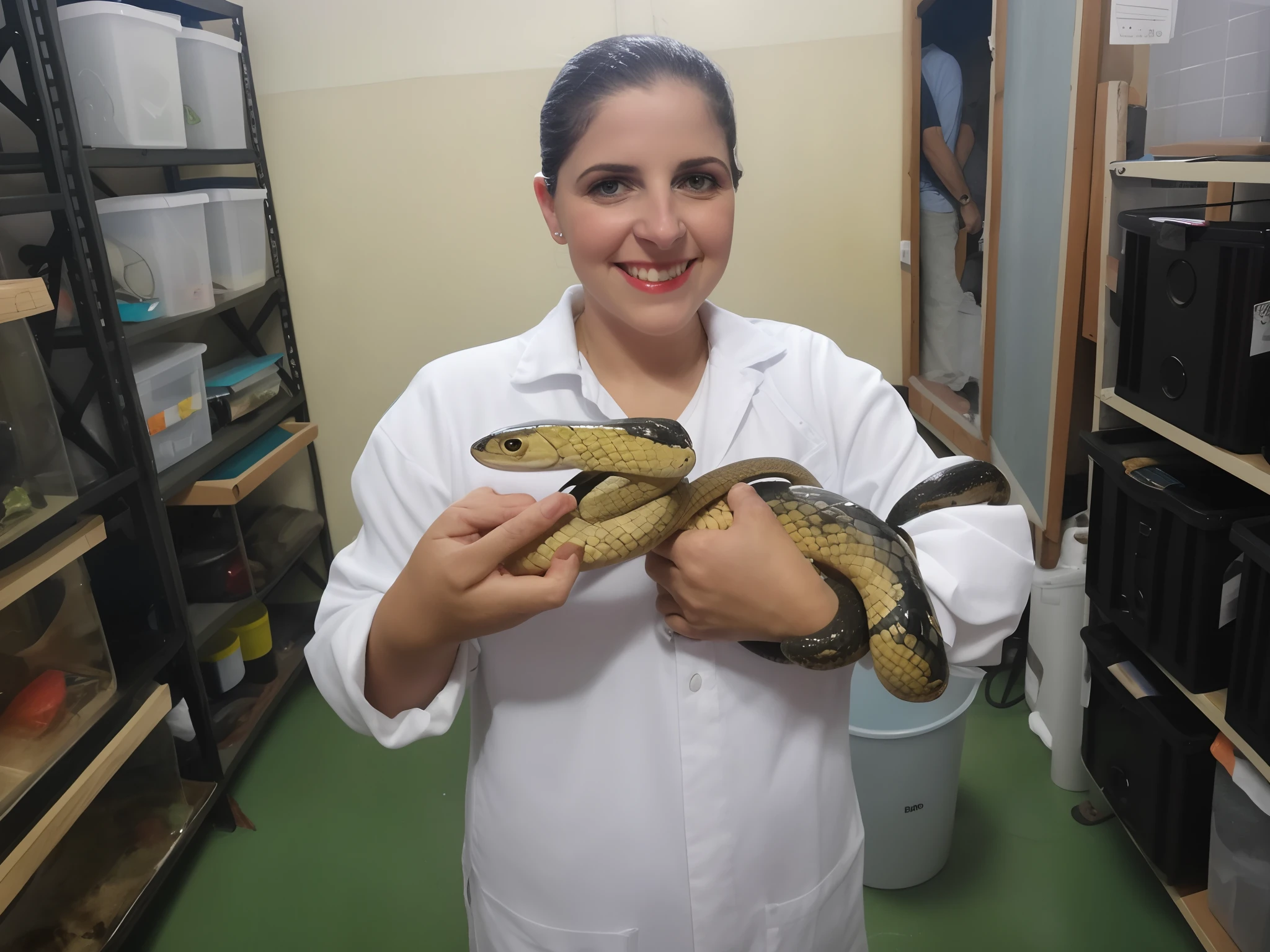 mulher arafed segurando uma cobra em um quarto com prateleiras de outros itens, segurando uma cobra, with the head of a snake, conspiracionista local, 1 female, tiro por cima do ombro, mid 2 0's female, coral snakes grow from her head, a foto mostra um grande, com cobras para cabelo, ela tem cerca de 2 a 5 anos de idade, pessoal