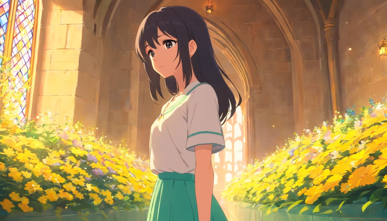 A princess,full bodyesbian,long skirt,Stayed in the castle,Long black hair,Clear eyes,Admire the flowers