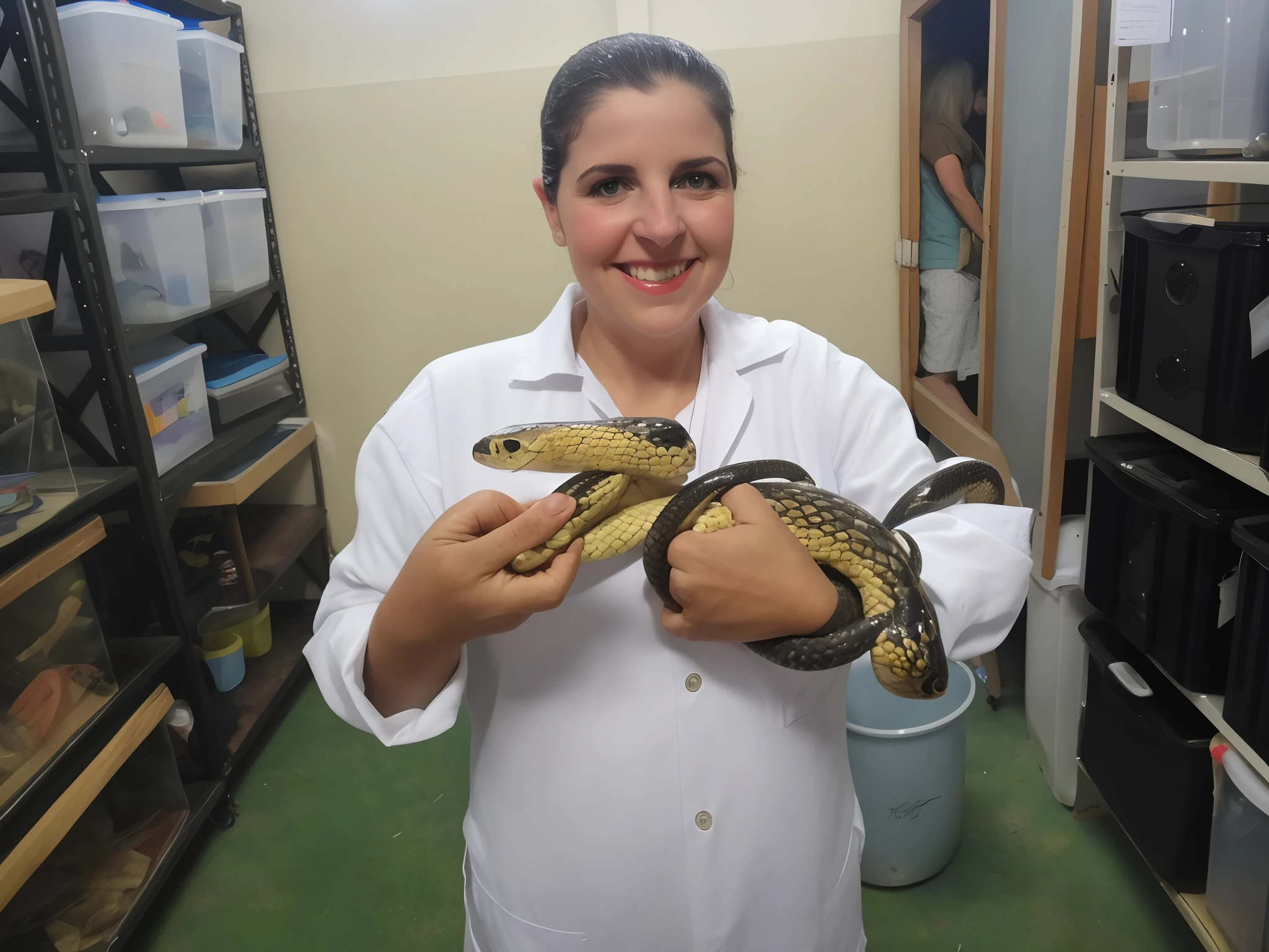 mulher arafed segurando uma cobra em um quarto com prateleiras de outros itens, segurando uma cobra, with the head of a snake, conspiracionista local, 1 female, tiro por cima do ombro, mid 2 0's female, coral snakes grow from her head, a foto mostra um grande, com cobras para cabelo, ela tem cerca de 2 a 5 anos de idade, pessoal