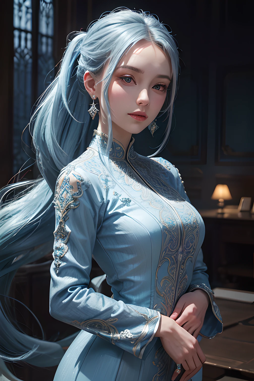 a beautiful lady, pretty, exquisite, elegant wearing  long-sleeved midi dress , blue pony tail hair, earrings,  hands behind the head, looking at the viewer, 8k, intricately detailed, UHD,