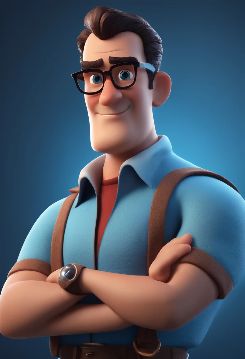 Cartoon character of a man with black glasses and a blue shirt, animation character, Caractere estilizado, animation style rendering, 3D estilizado, Arnold Maya render, 3 d render stylized, toon render keyshot, Personagem 3D, Personagem 3D, 3d rendering stylized, 3 d character render, personagem de desenho animado, Personagem de close up, Pose de personagem,  (Estilo Pixar) (master part:1.2) (Bokeh) (best quality) (pele detalhada) (textura detalhada) (8k) (argila) (Cinematic lighting) (foco nítido