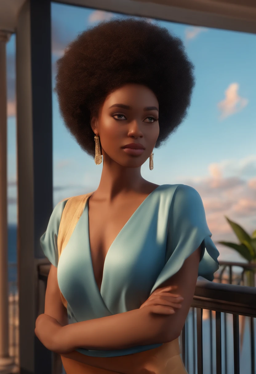 There's a light-skinned black woman, Curly hair in a blue dress standing on a balcony, Rio de Janeiro em um filme de anime, filme ainda 8K, maia realista, nice afternoon lighting, renderizado em sfm, looking at sunset, animado ainda, anime estilo 3d, Close-up de corpo inteiro, animated film, semi-realistic rendering, animation still, 3 d render stylized