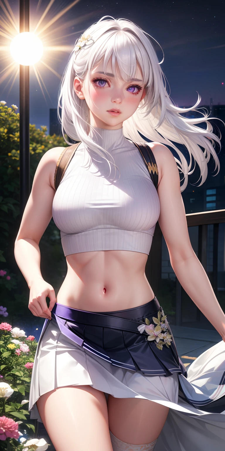 realistic, 1girl, white hair, purple eyes, glowing eyes, crop top, skirt, parted lips, blush, night, flowers, sun, sunlight,
