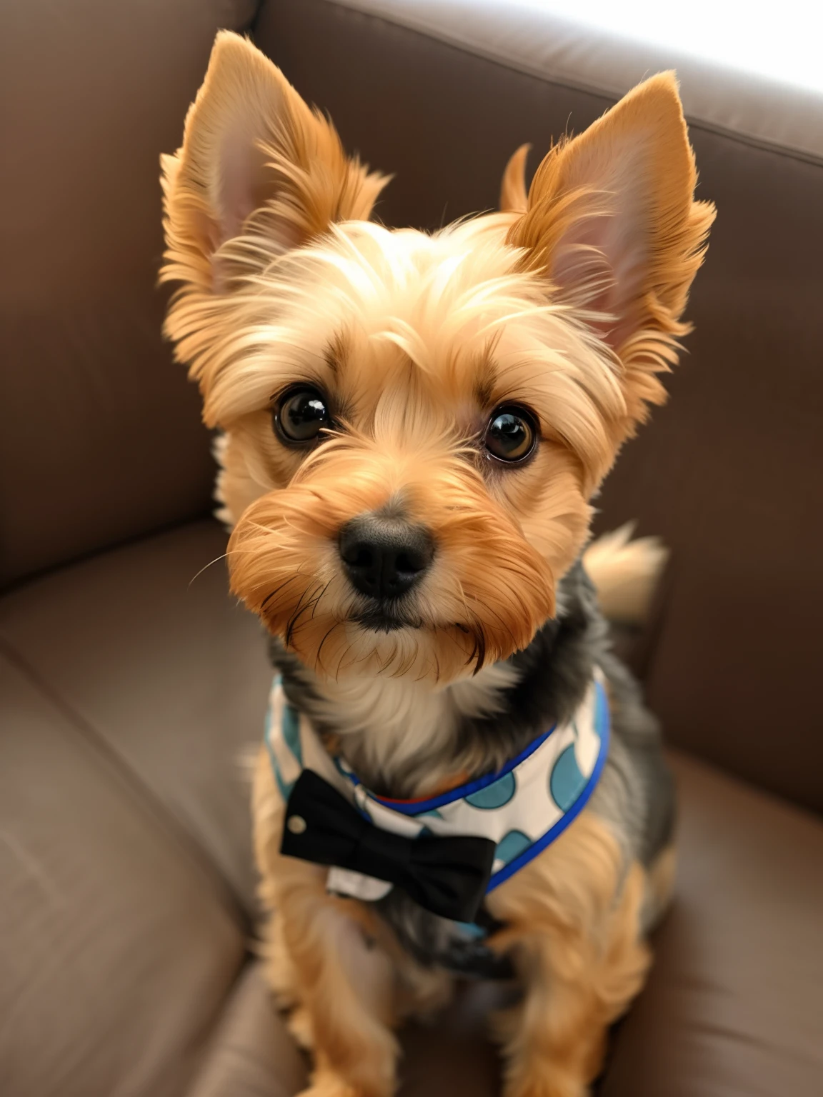 There's a small dog that's sitting on a couch, Yorkshire Terrier, Primer plano de un adorable, scruffy appearance, staring directly into camera, Toma de retrato, Lindo peludo necesita tu ayuda, luciendo lindo, Aspecto inteligente, small dog, Aw, super adorable, un guapo, Perro lindo, al estilo Pixar