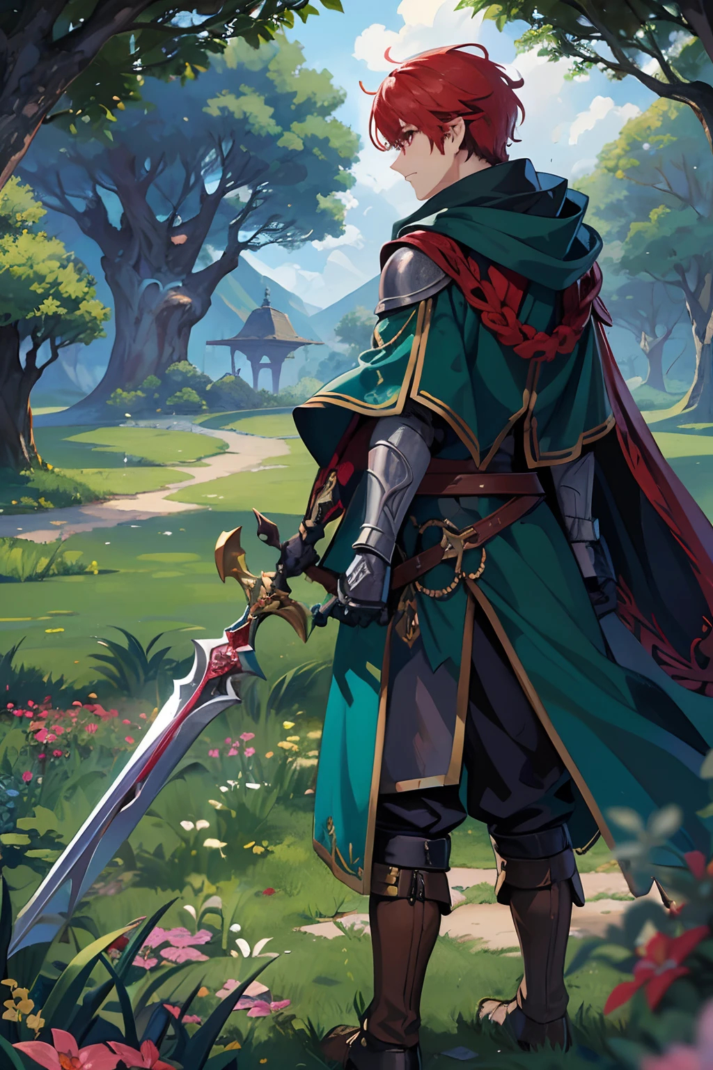 estilo de personagem de anime no mundo da fantasia (protagonista de um mundo de fantasia, 20 anos com cabelos preto e ruivos , com um manto todo branco com detalhes vermelhos, com espadas duplas nas costas, um azul e outro branco, em um gramado de uma bela paisagem de um mundo de fantasia, d&d personagem de fantasia, Foto do personagem de fantasia, Personagem de fantasia dnd