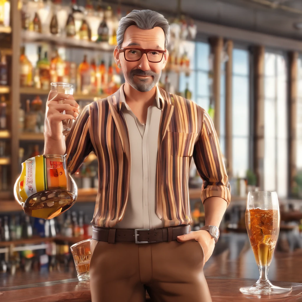 I'm just killin' I'm a 45 year old man with short hair ,Inside a bar dressed in brown pants and a striped shirt